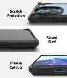 Mi 11 Case | Fusion-X - Close-ups showing camera protection, raised screen bezels, and precise port cutouts on a black case.