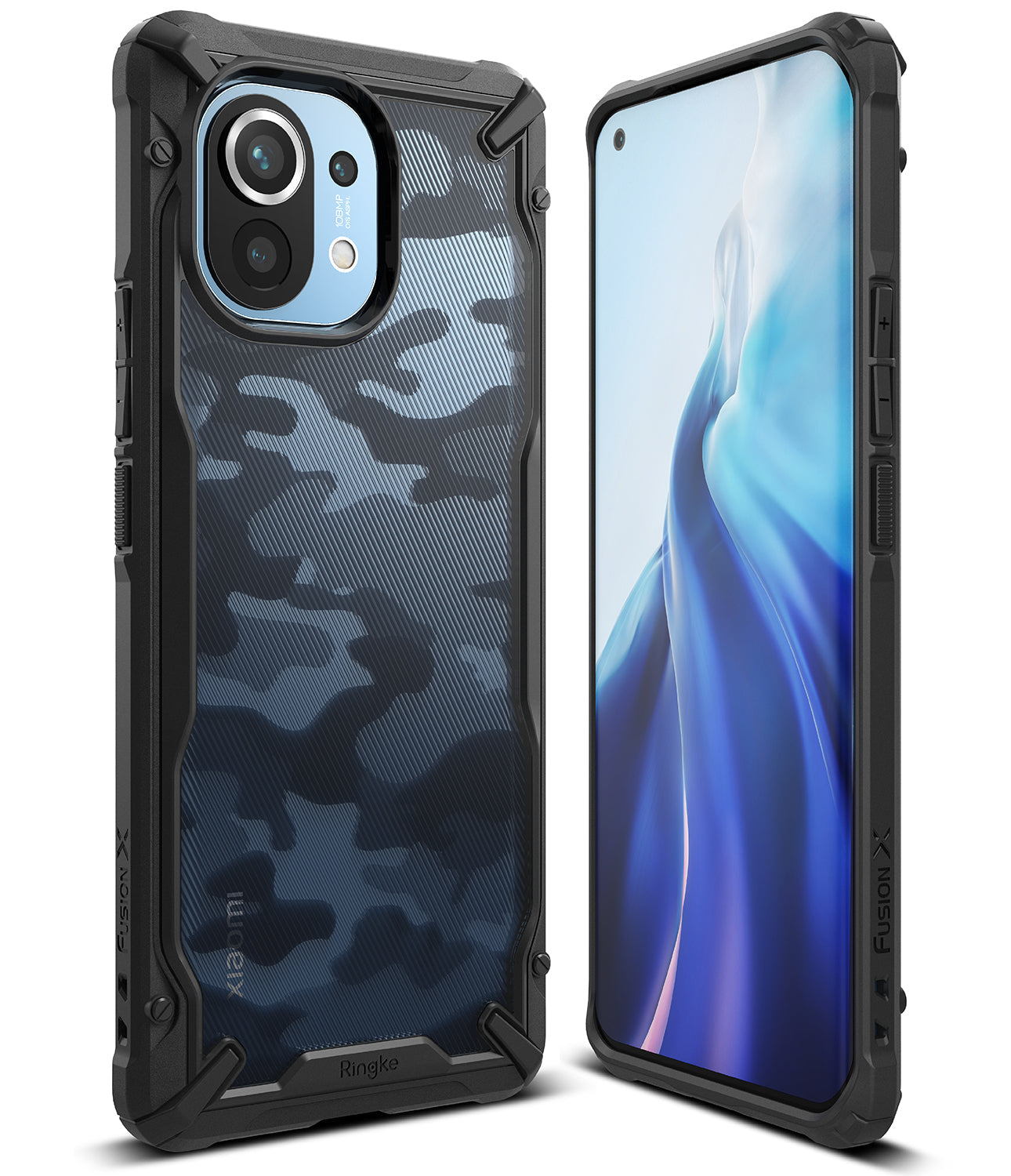 Mi 11 Case | Fusion-X - Rugged black camouflage phone case shown from front and back angles on a white background.