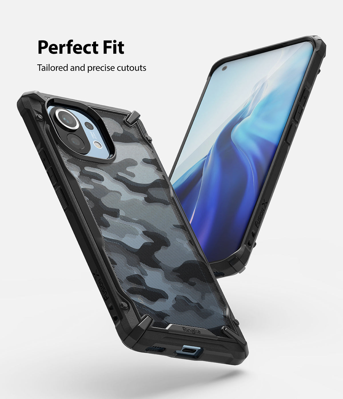 Mi 11 Case | Fusion-X - A black camouflage Fusion-X phone case on a Mi 11, showing front and back views with precise cutouts.