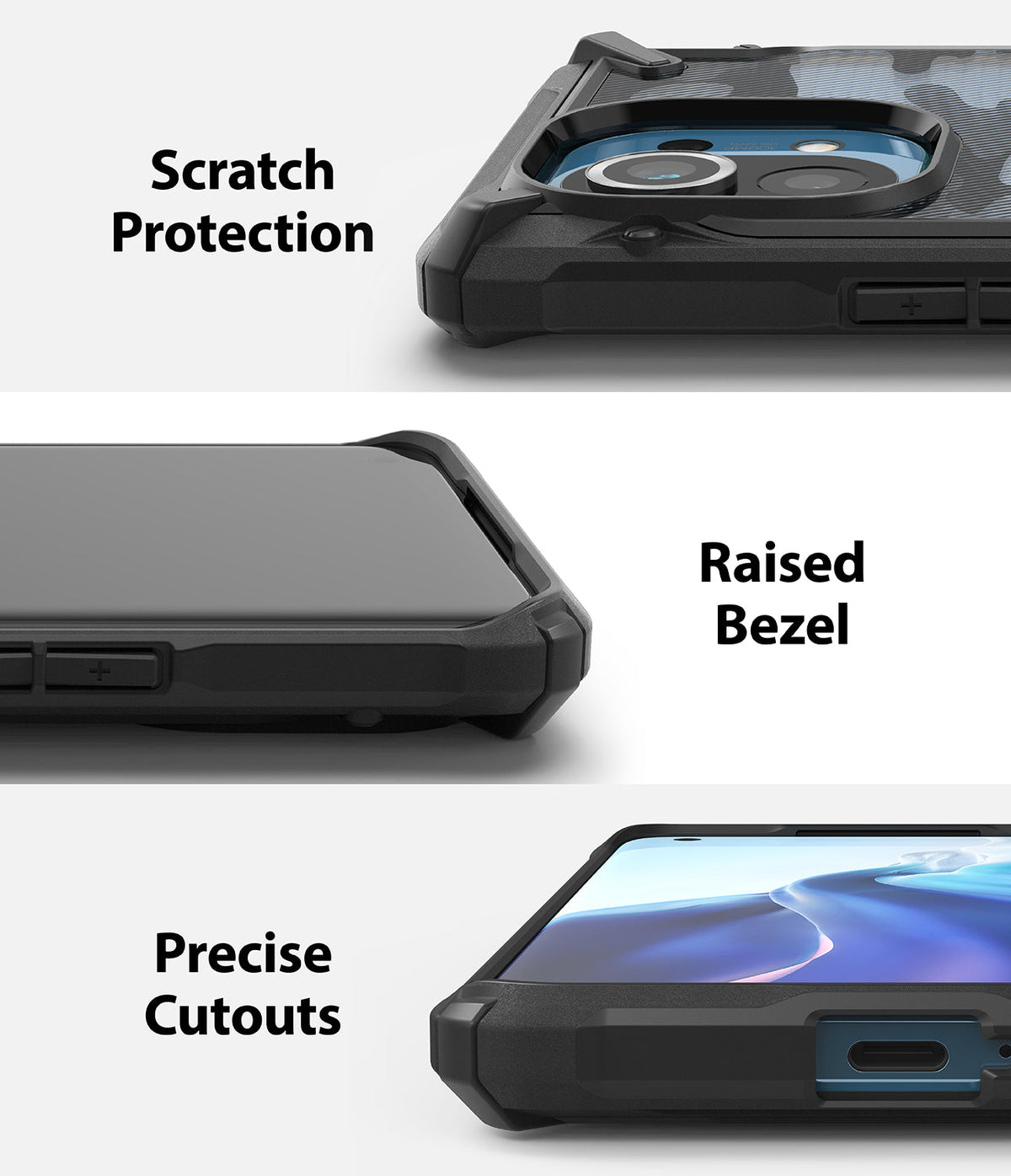 Mi 11 Case | Fusion-X - Close-ups showing camera scratch protection, raised screen bezels, and precise port cutouts.