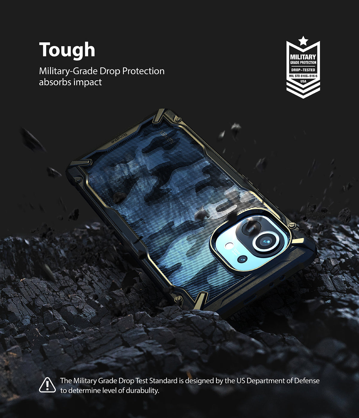 Mi 11 Case | Fusion-X - Camouflage phone case on charcoal rocks with military-grade drop protection text and badge.