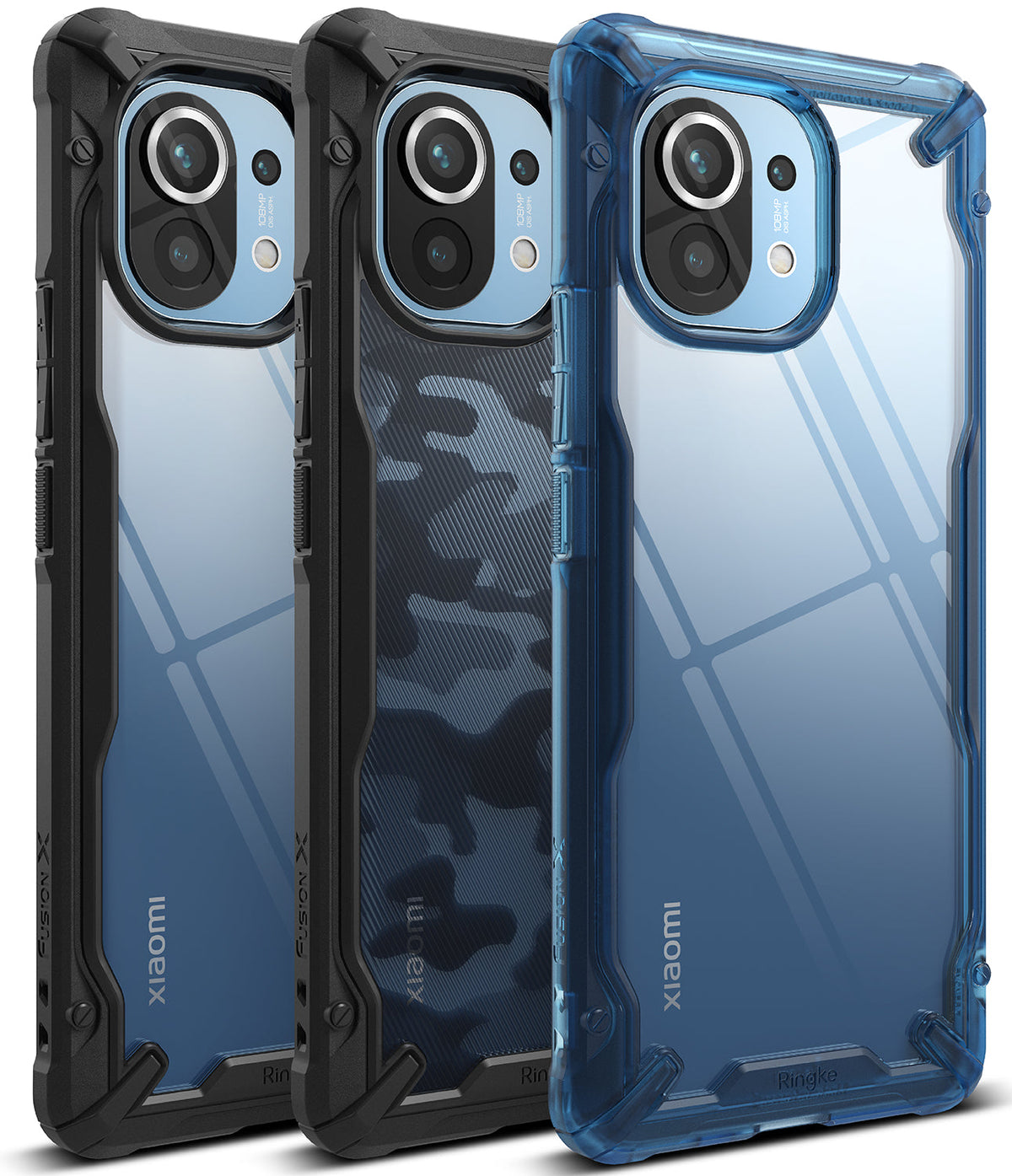 Mi 11 Case | Fusion-X - Three Mi 11 phones in clear, camo, and blue Fusion-X rugged protective cases against a white background.