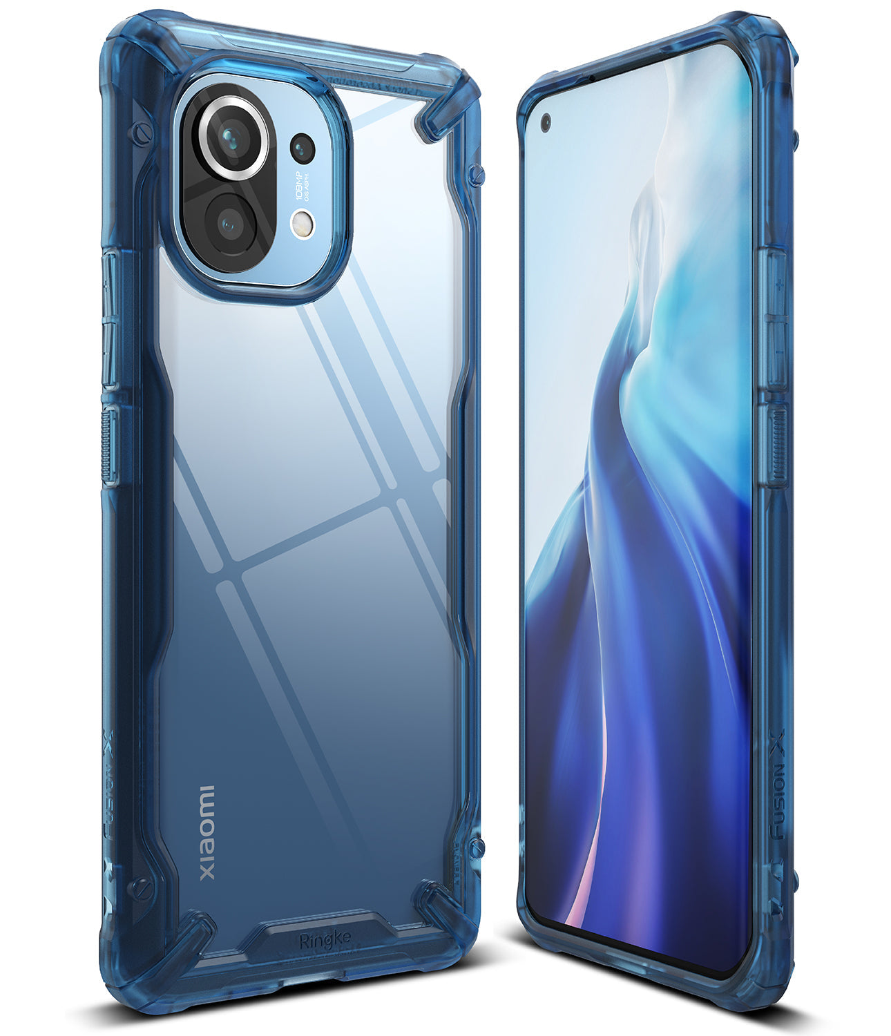 Mi 11 Case | Fusion-X - Transparent Mi 11 phone case with a rugged, blue-tinted frame shown from front and back angles.