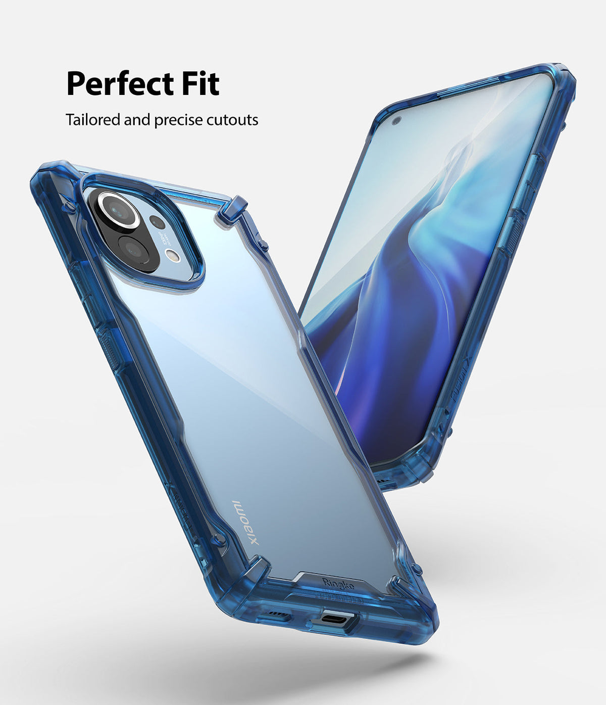 Mi 11 Case | Fusion-X - Blue transparent protective phone case shown from front and back angles with precise cutouts.