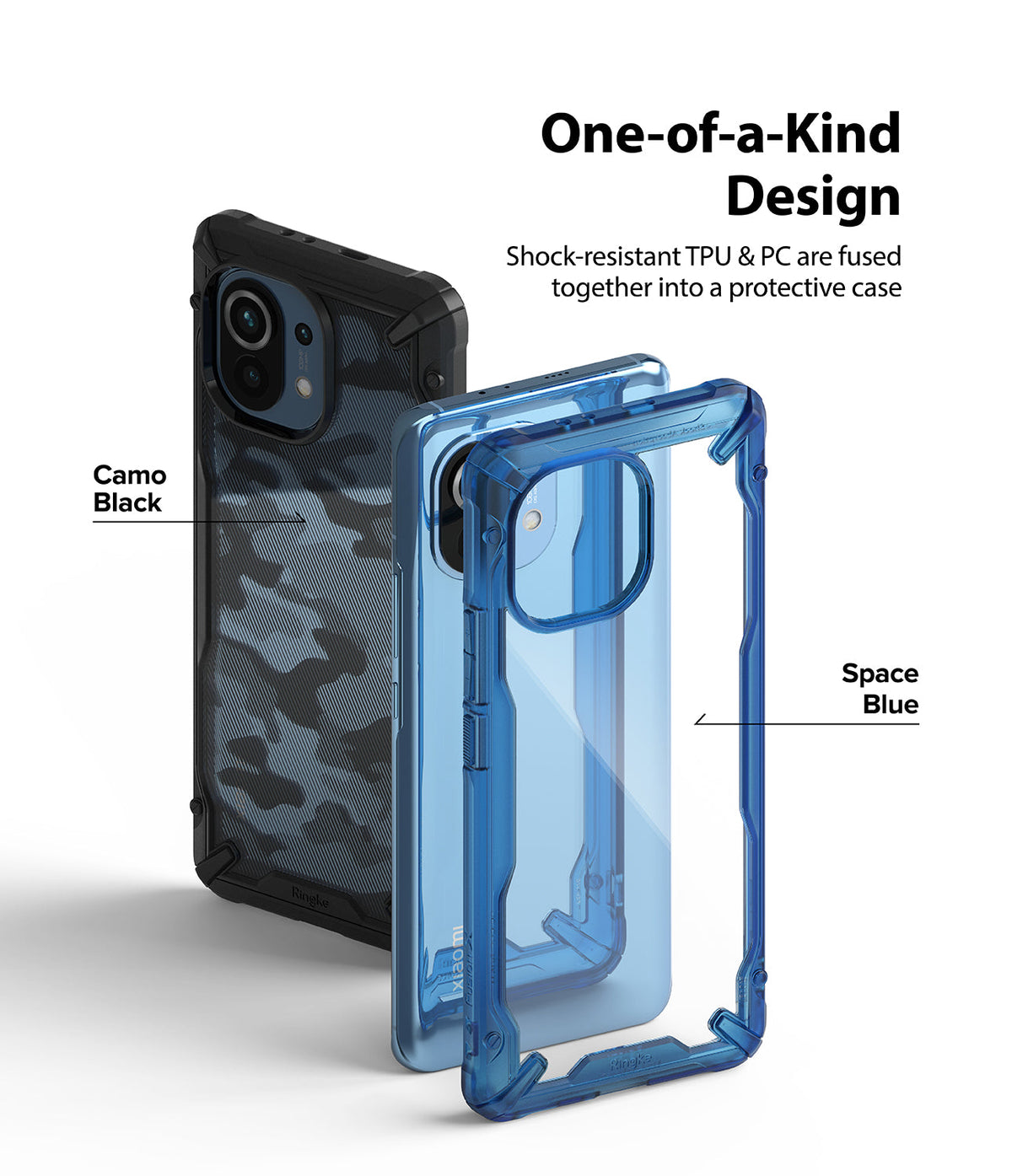 Mi 11 Case | Fusion-X - Camo Black and Space Blue protective phone cases shown with text highlighting shock-resistant design.
