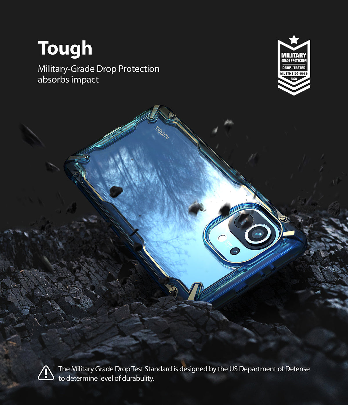 Mi 11 Case | Fusion-X - Clear phone case on dark, rocky ground with military-grade drop protection text and badge.