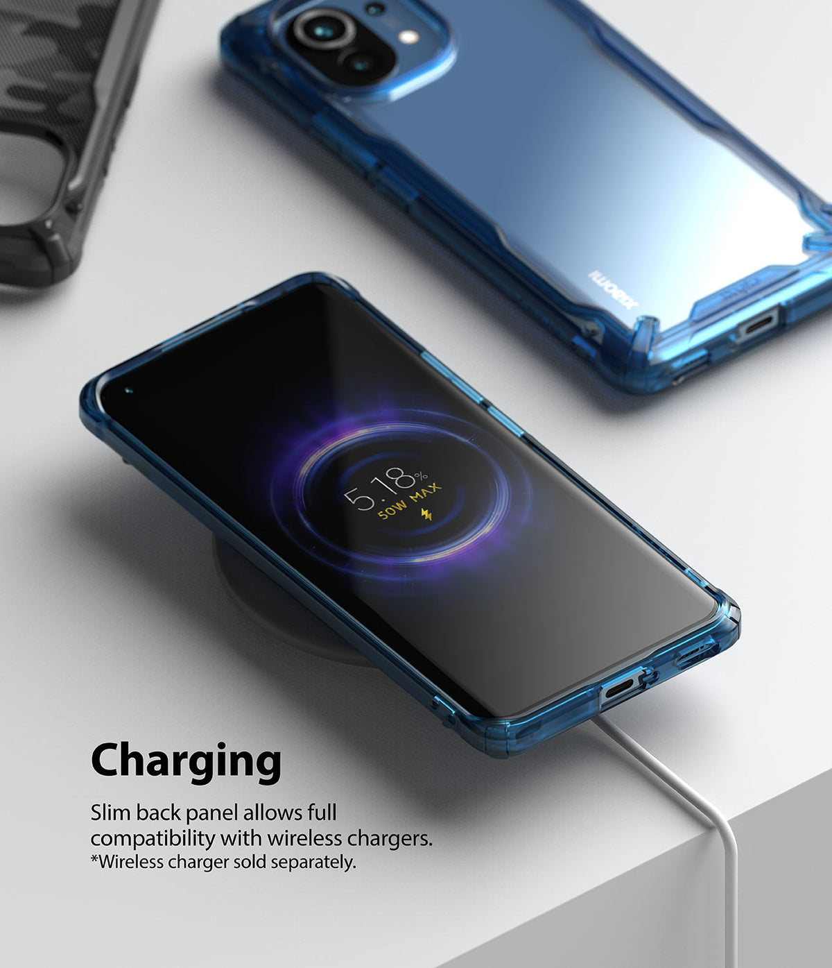 Mi 11 Case | Fusion-X - Blue Mi 11 in a clear case wirelessly charging on a white surface with a glowing 50W charging icon.