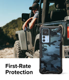 Xiaomi 12T / 12T Pro Case | Fusion-X - Blue camo phone case with rugged black frame shown against a man in a Jeep.