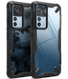 Xiaomi 12T / 12T Pro Case | Fusion-X - Two Xiaomi phones in black rugged cases, one with camo pattern and one clear back.