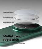 Xiaomi 17 Ultra | Camera Glass (2P) - Exploded view showing oleophobic coating, tempered glass, and shatterproof film layers.