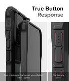 Xiaomi 14 Case | Fusion-X - Close-up of black phone case buttons with tactile symbols and fine aperture lines for responsive use.