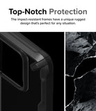 Xiaomi 14 Case | Fusion-X - Close-up of a rugged black phone case corner next to a textured rock background.