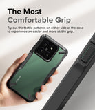 Xiaomi 14 Case | Fusion-X - Hand holding a green Xiaomi 14 with a black protective case featuring textured side grips.