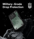 Xiaomi 14 Case | Fusion-X - Xiaomi 14 phone in a rugged case floating above dark rocks with military-grade drop protection text.