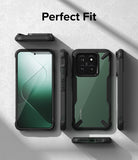 Xiaomi 14 Case | Fusion-X - Multiple views of a black protective phone case with a green back panel on a gray background.