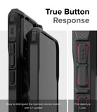 Xiaomi 14 Case | Fusion-X - Close-up of phone case buttons with tactile symbols and fine aperture lines for responsive feedback.
