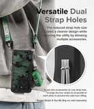 Xiaomi 14 Case | Fusion-X - Camo phone case with dual strap holes holding a green lanyard and small accessory bag.