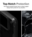 Xiaomi 14 Case | Fusion-X - Close-up of a rugged black phone case corner next to a textured rock background.