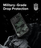 Xiaomi 14 Case | Fusion-X - Camouflage phone case on a rocky surface with text highlighting military-grade drop protection.