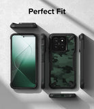 Xiaomi 14 Case | Fusion-X - Multiple views of a rugged camo phone case for Xiaomi 14 showing front, back, and side profiles.