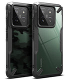 Xiaomi 14 Case | Fusion-X - Two Xiaomi 14 phones in black rugged Fusion-X cases, one with camo and one with clear back.