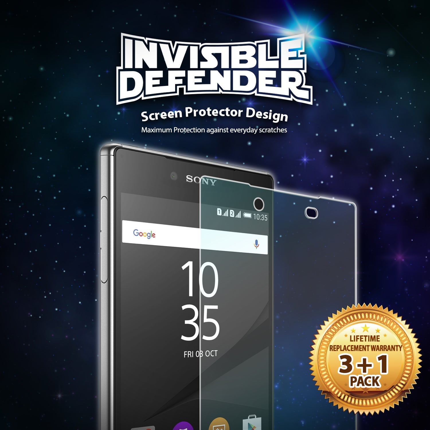 Xperia Z5 Compact Screen Protector | Invisible defender - Xperia Z5 Compact Screen Protector - Invisible Defender film applied to a Sony smartphone against a starry space background.