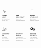 Quick & Go | Universal Adapter Mount Add-on - Icons and text highlighting features like easy mounting, compatibility, and safety.