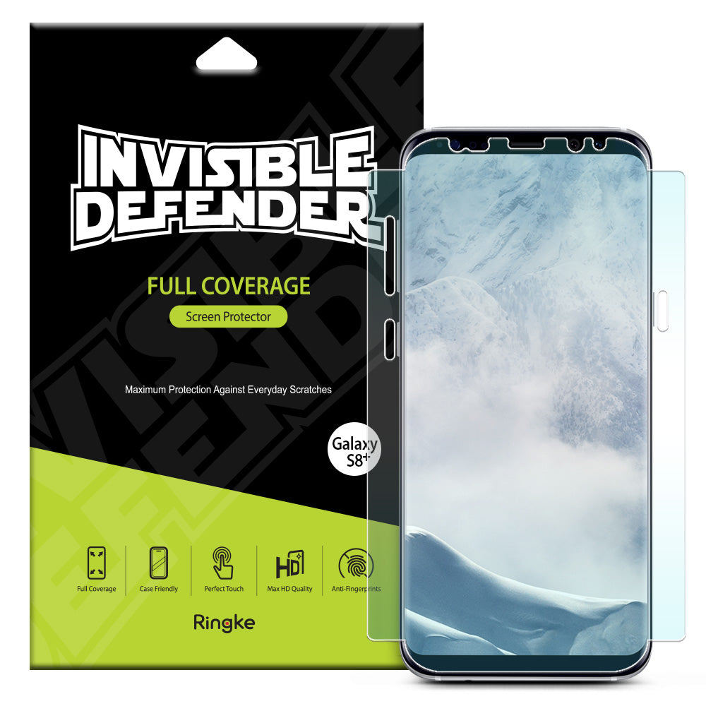 Galaxy S8 Plus Screen Protector | Full Cover (2P) - Galaxy S8 Plus Screen Protector - Ringke Invisible Defender packaging with a curved glass screen protector for Galaxy S8+.
