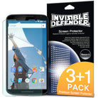 Google Nexus 6 Screen Protector | Invisible Defender [4P] - Nexus 6 phone with screen protector and 3+1 pack packaging.