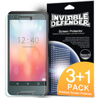 Google Nexus 5X Screen Protector | Invisible Defender [4P] - Google Nexus 5X Screen Protector - Smartphone with clear screen protector overlay next to 3+1 pack retail packaging.