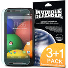 Moto E 2015 (2nd Gen.) Screen Protector | Film - Smartphone with screen protector overlay next to 3+1 pack retail box.