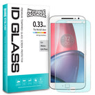 Moto G4 Plus Screen Protector | Glass - Moto G4 Plus Screen Protector - Invisible Defender tempered glass packaging next to a smartphone with a screen protector.