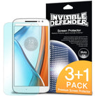 Moto G4 Screen Protector | Film - A Moto G4 smartphone beside its Invisible Defender 3+1 pack screen protector packaging.