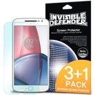 Moto G4 Plus Screen Protector | Film - Transparent screen protector film next to its black and orange retail packaging.