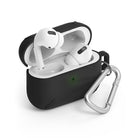AirPods Pro Case - Black - Open black silicone case holding white AirPods Pro earbuds with an attached silver carabiner.
