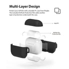 AirPods Pro Case - Black - Exploded view of a black hard PC case and protective film layers for an AirPods Pro charging case.