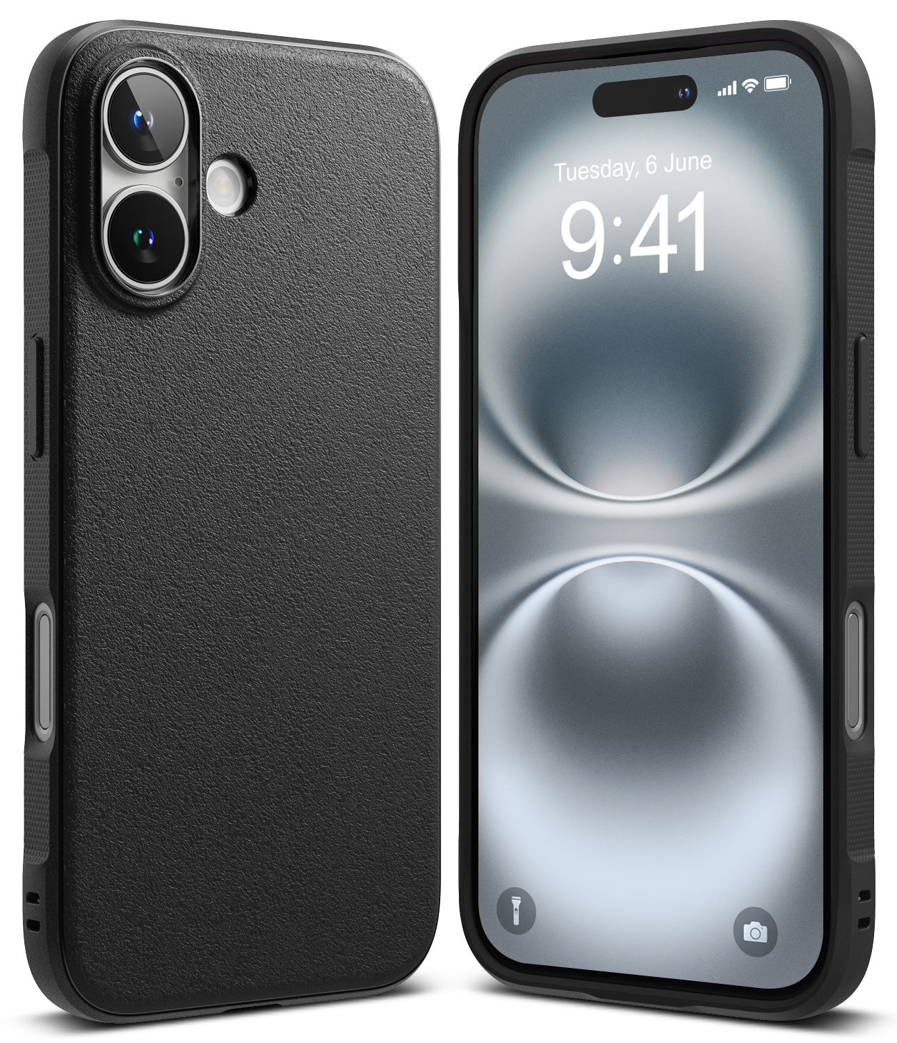 iPhone 16 Case | Onyx - Matte black textured iPhone 16 case shown from the back and front with a digital clock display.