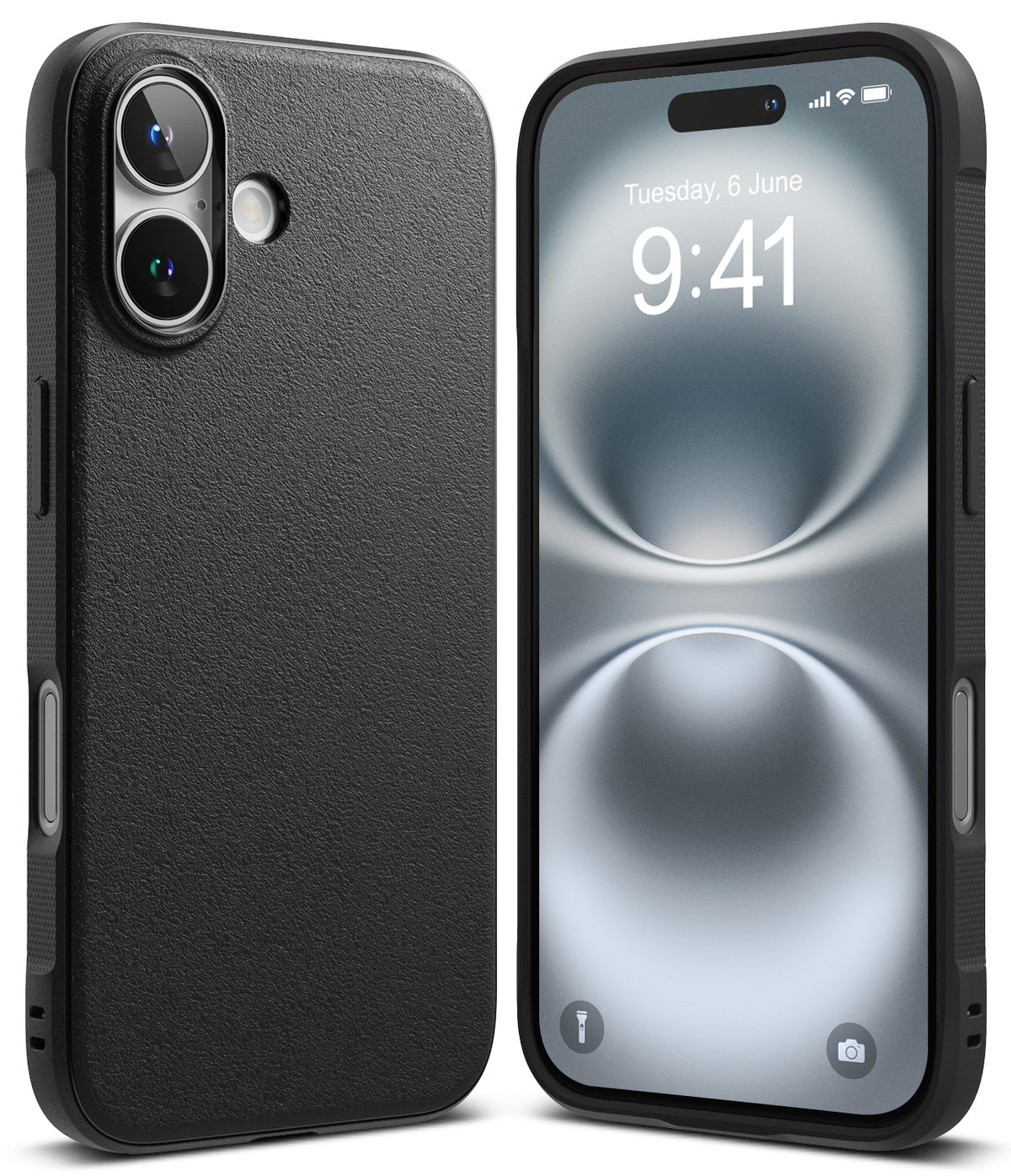 iPhone 16 Case | Onyx - Matte black textured iPhone 16 case shown from the back and front with a digital clock display.