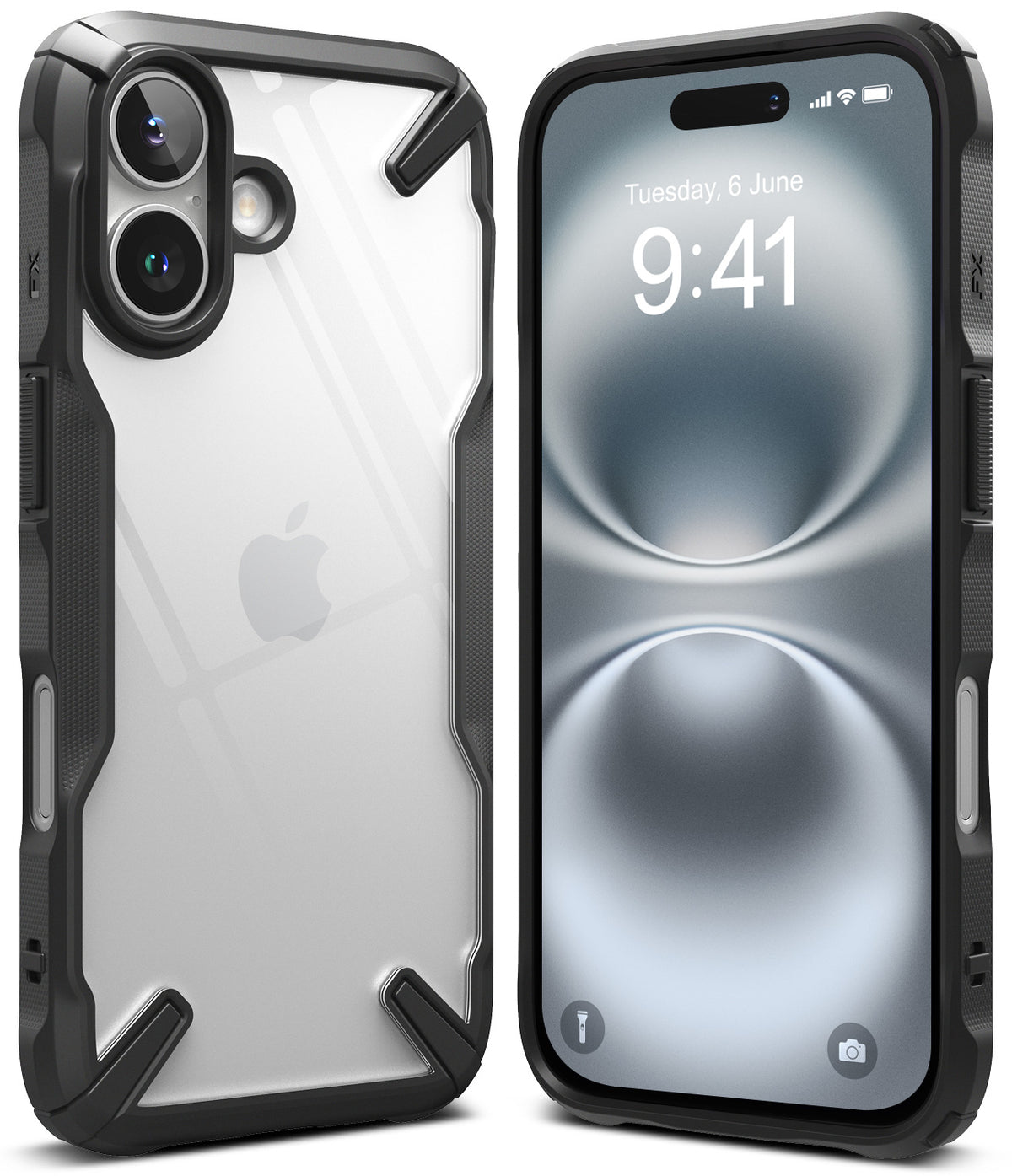 iPhone 16 Case | Fusion-X - Black rugged protective case with clear back shown from front and rear angles on an iPhone 16.
