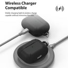 AirPods Pro Case - Black - Black AirPods Pro case being charged via cable and on a wireless charging pad.