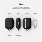 AirPods Pro Case - Black - Diagram showing dimensions and components of a black protective case with a silver carabiner.