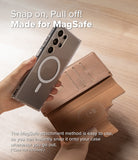 Galaxy S25 Ultra Cover | Folio Grip Wallet Magnetic - A hand attaching a magnetic brown leather wallet to a phone case.
