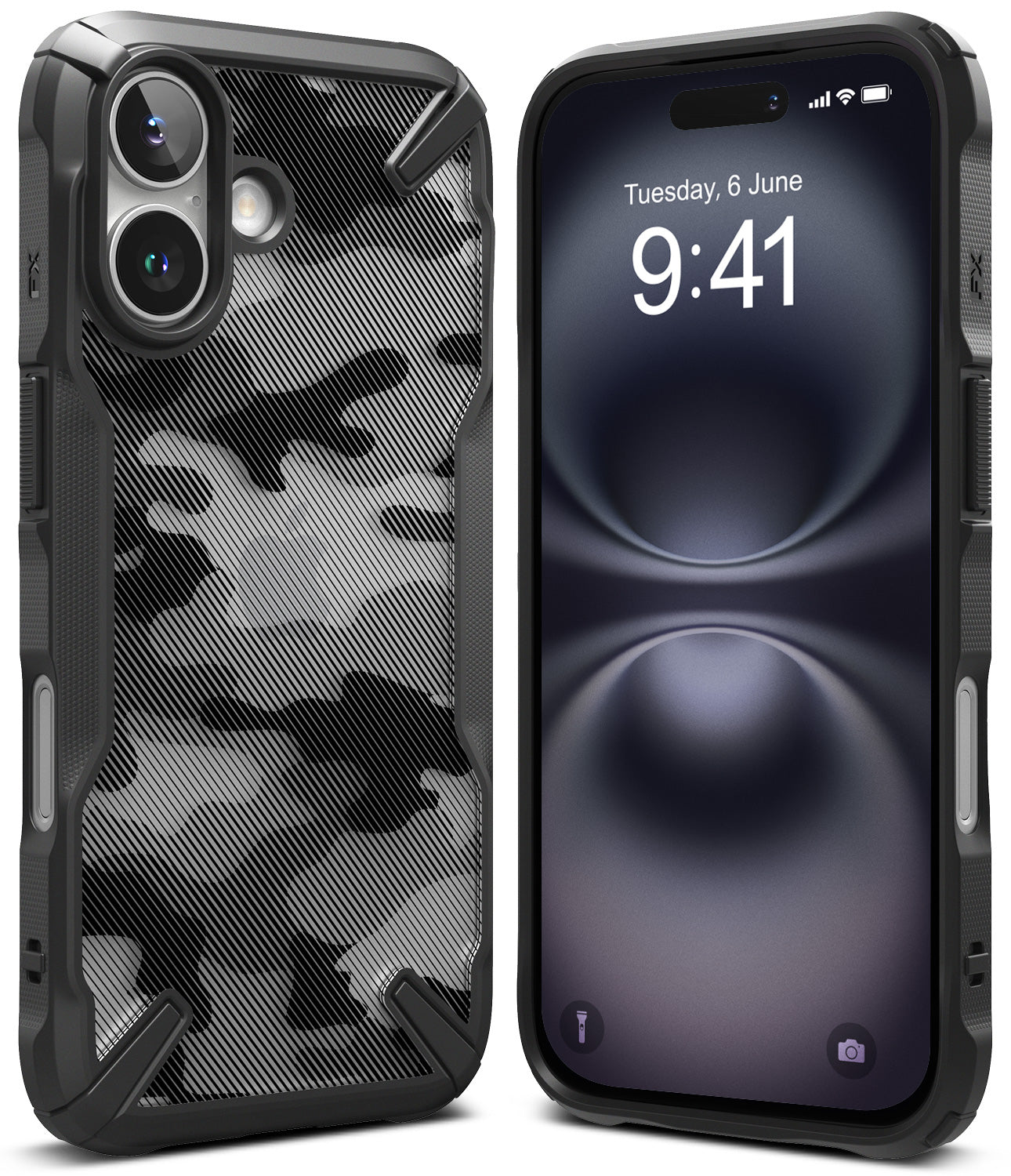 iPhone 16 Plus Case | Fusion-X - Black camouflage phone case shown from back and front views on an iPhone 16 Plus.