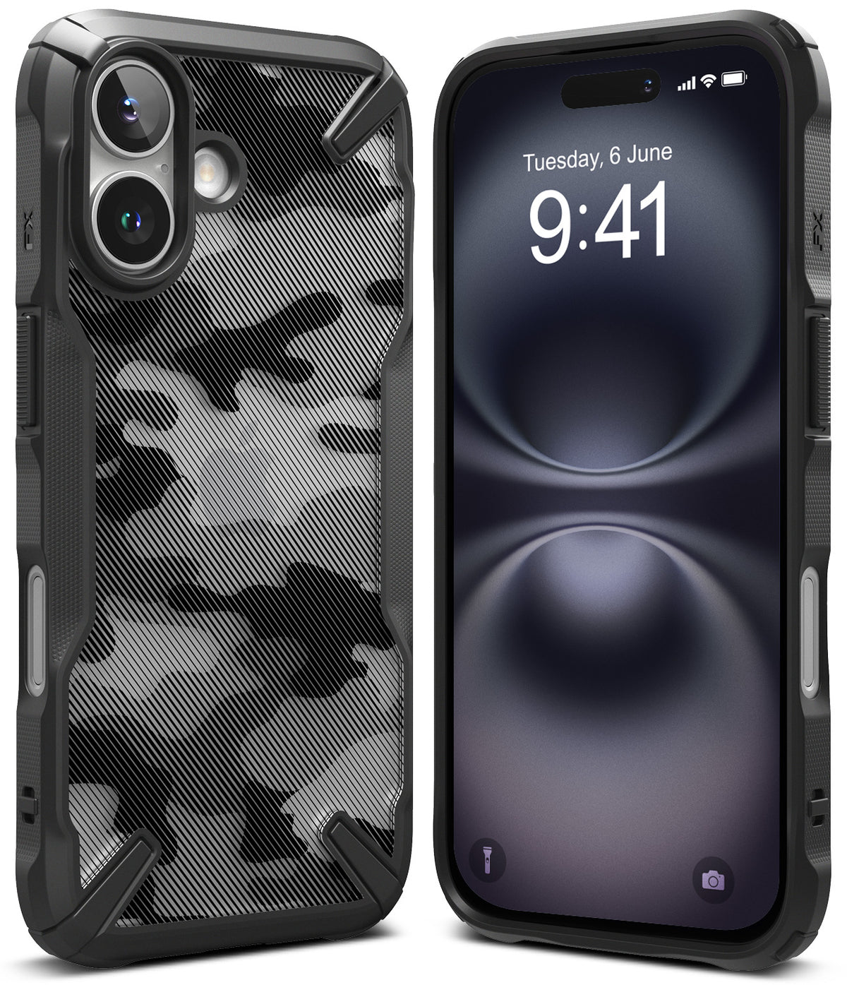 iPhone 16 Case | Fusion-X - Black camouflage iPhone 16 case with rugged bumpers shown from the back and front.