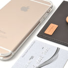 Ringke® Leather ID / Card Holder, 3M Adhesive Stick On Mini Wallet Attachment for All Phone Devices - Ringke® Leather ID / Card Holder - A gold smartphone, a dark brown leather card holder, and a silver credit card.