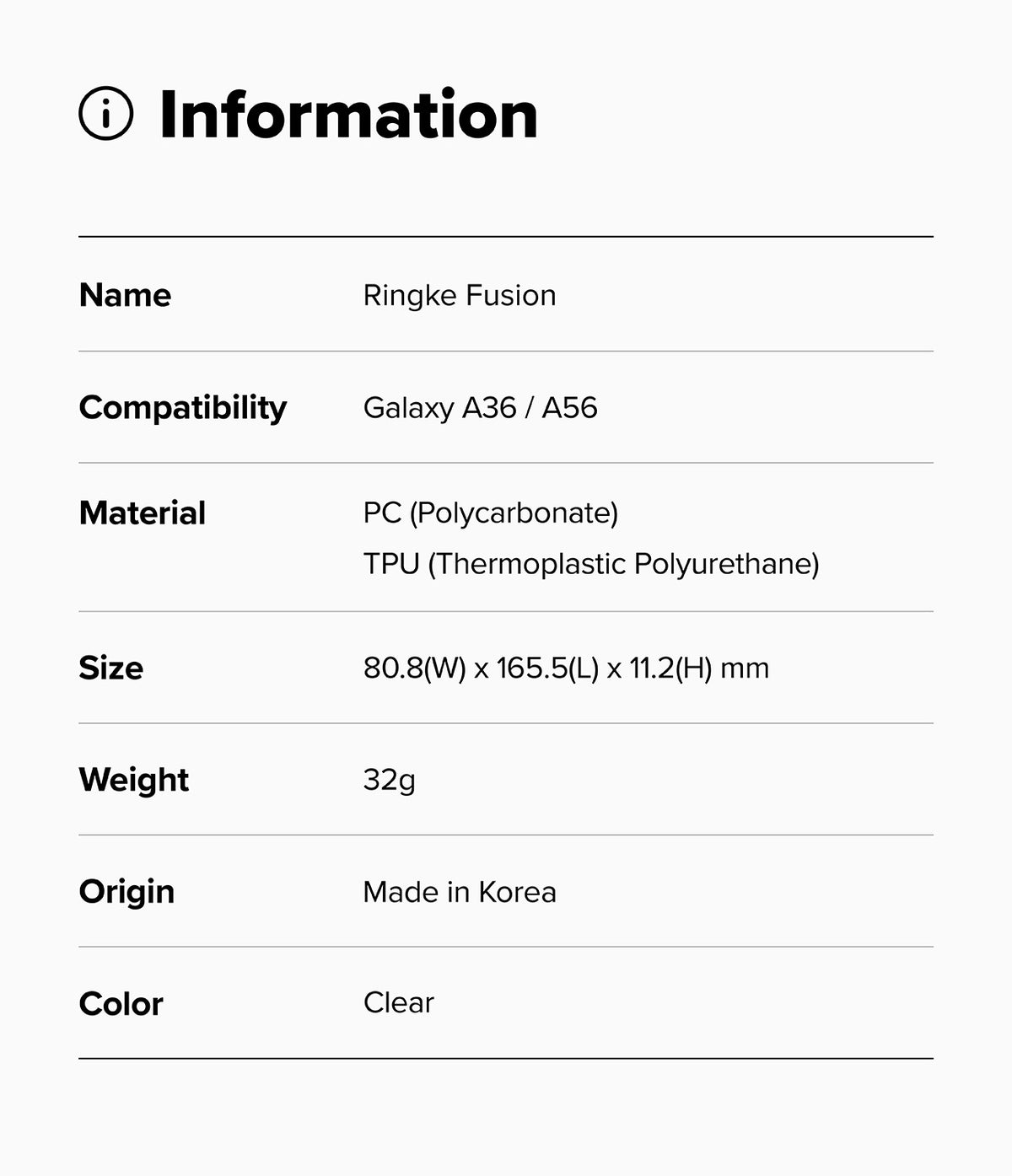 Galaxy A36 / A56 Case | Fusion - Technical specification table listing product name, compatibility, material, and size.