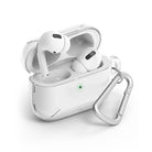 AirPods Pro Case - Matte Clear - Open matte clear protective case holding white AirPods Pro with a silver carabiner attached.