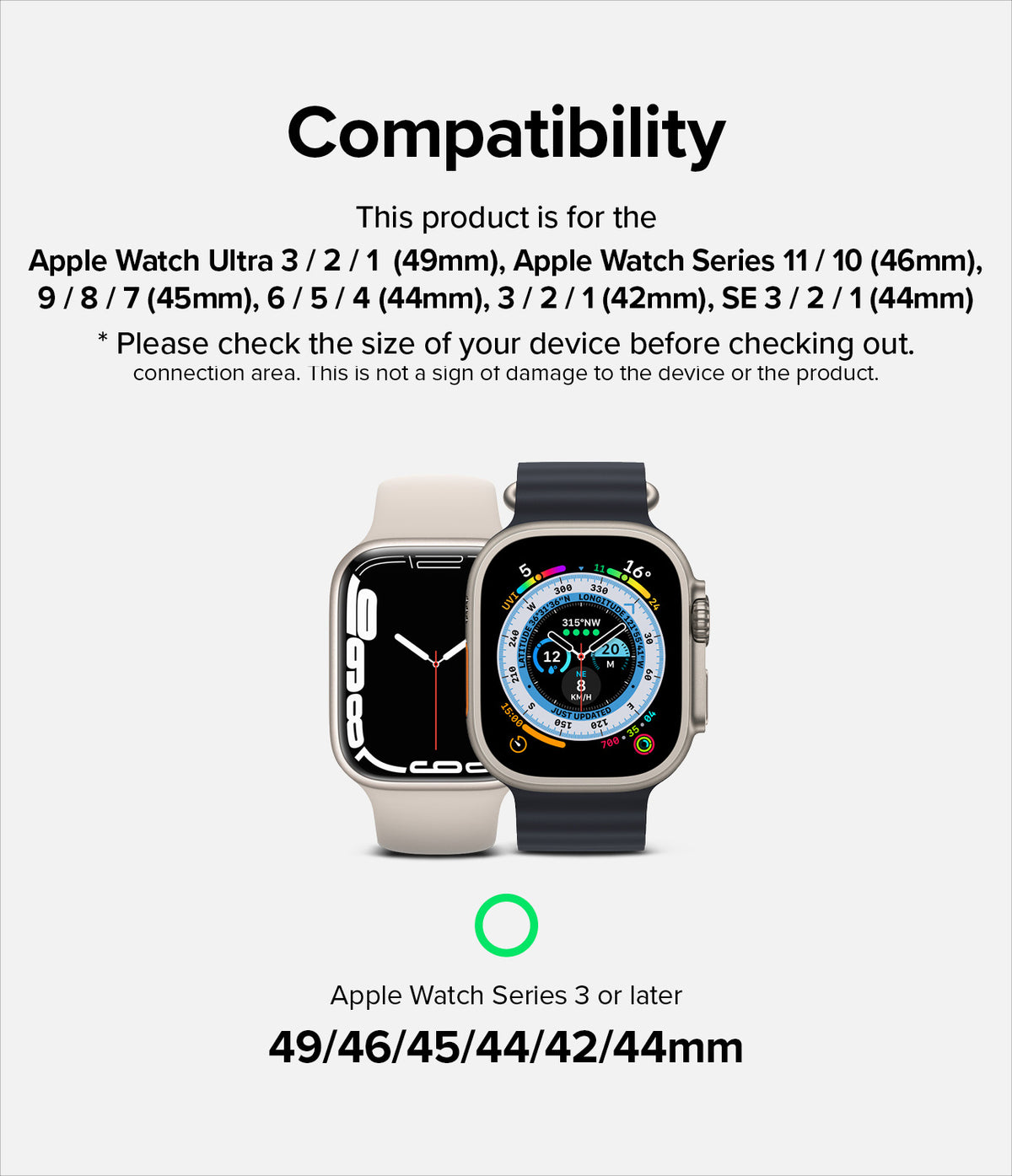 Apple Watch 49·46·45·44·42 mm | Sports Air Loop - Compatibility chart listing Apple Watch sizes and models.