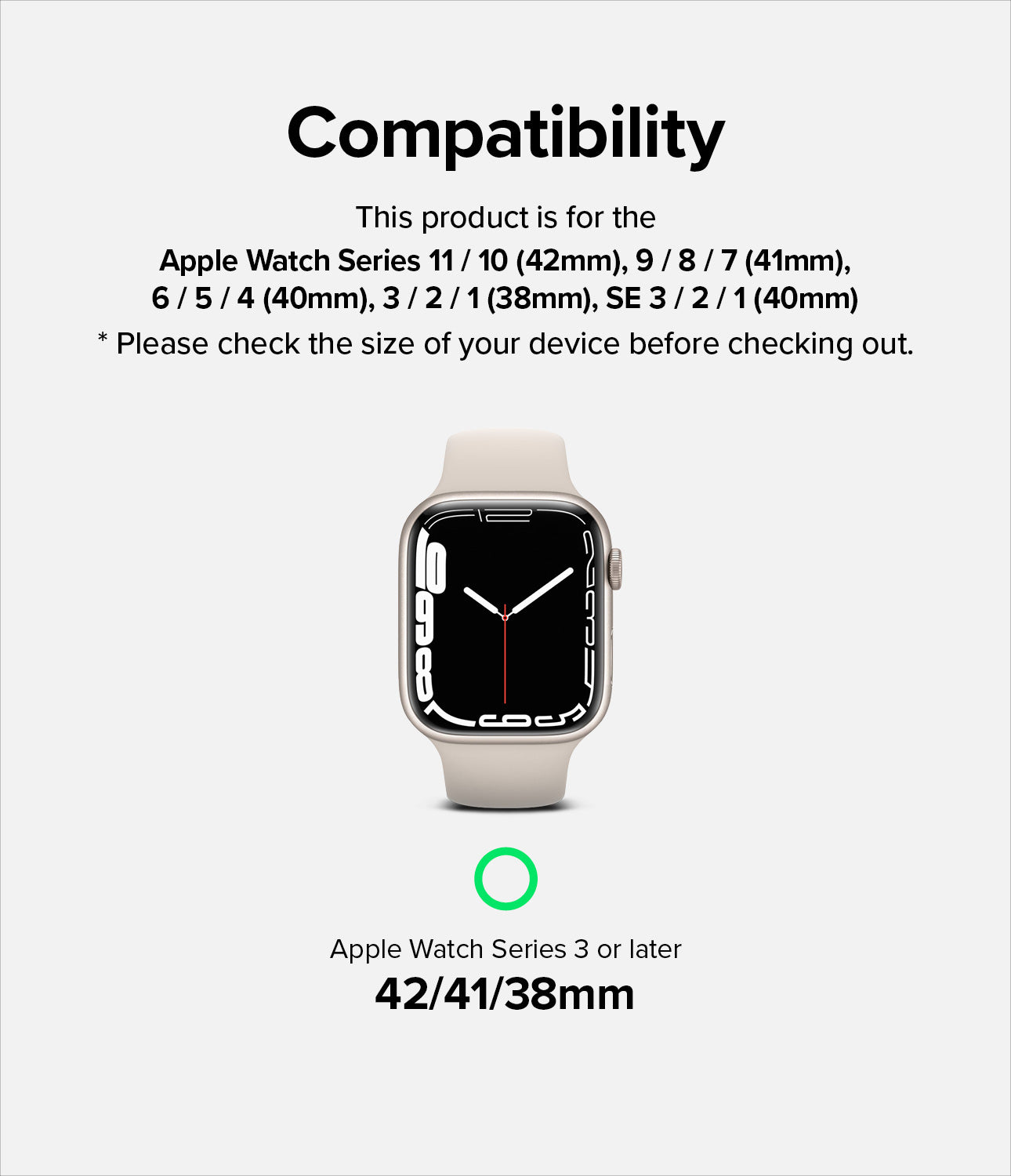 Apple Watch 42·41·40·38 mm | Sports Air Loop - Compatibility chart listing Apple Watch models and sizes with a watch graphic.