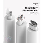 Ringke Airpods Pro Dust Guard Sticker - Three white AirPods Pro cases on pedestals showing metallic dust guard stickers.
